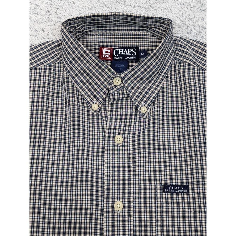 Vtg Chaps Ralph Lauren Shirt Medium/Large Beige Check Button Short Sleeve Preppy